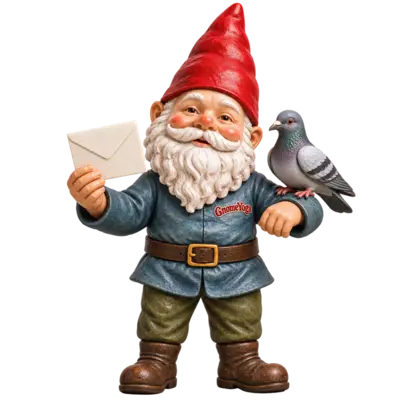 A gnome with a letter and a carrier pigeon